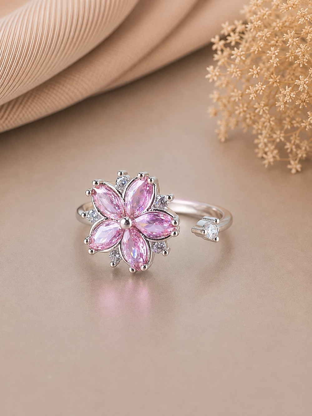 Pink Flower Crystal Adjustable Ring